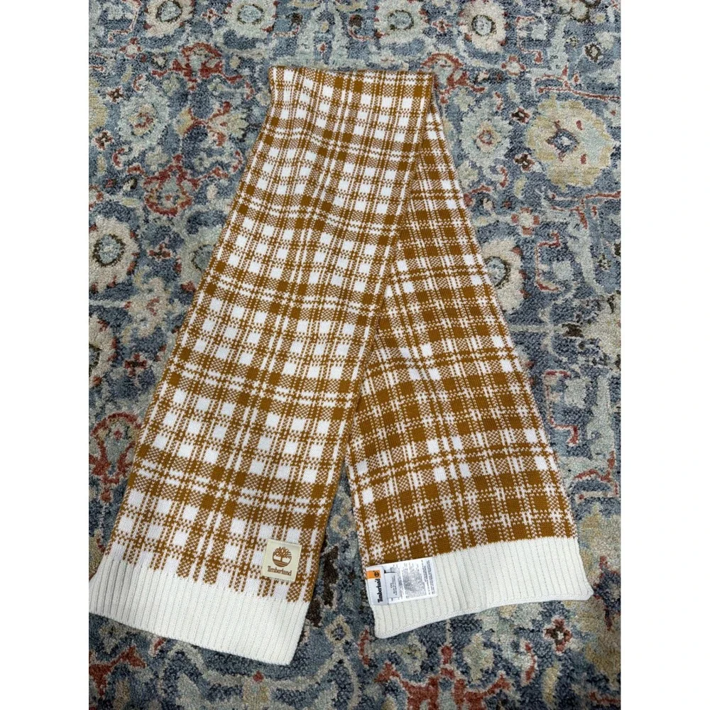 Timberland Scarf Men OS Wheat Brown Plaid Knit Logo Gorpcore EUC